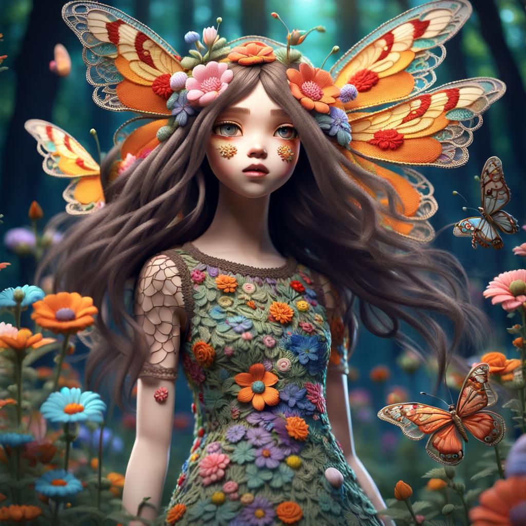 Chibi Woman in Embroidered Dress, Surreal Digital Art