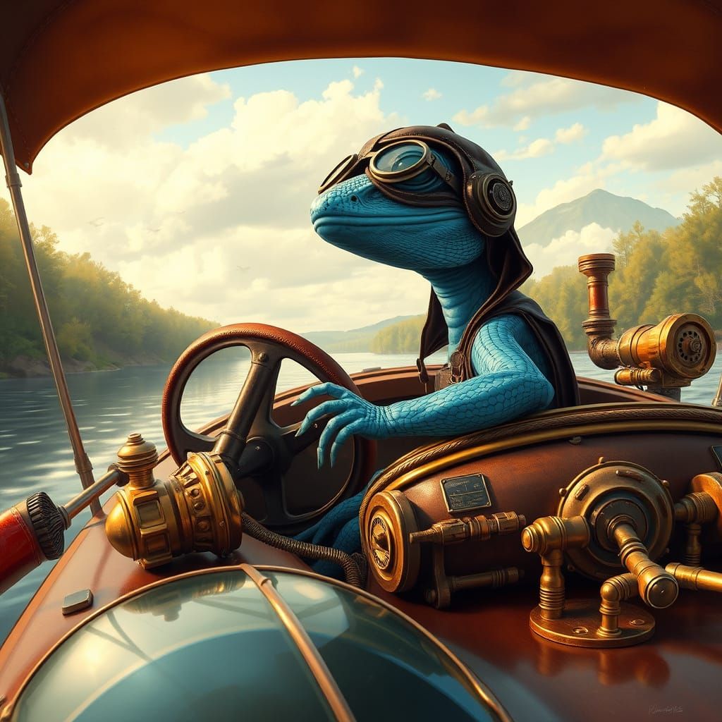 Genius Blue-Tailed Skink Commands Steampunk Paddle Boat Acro...