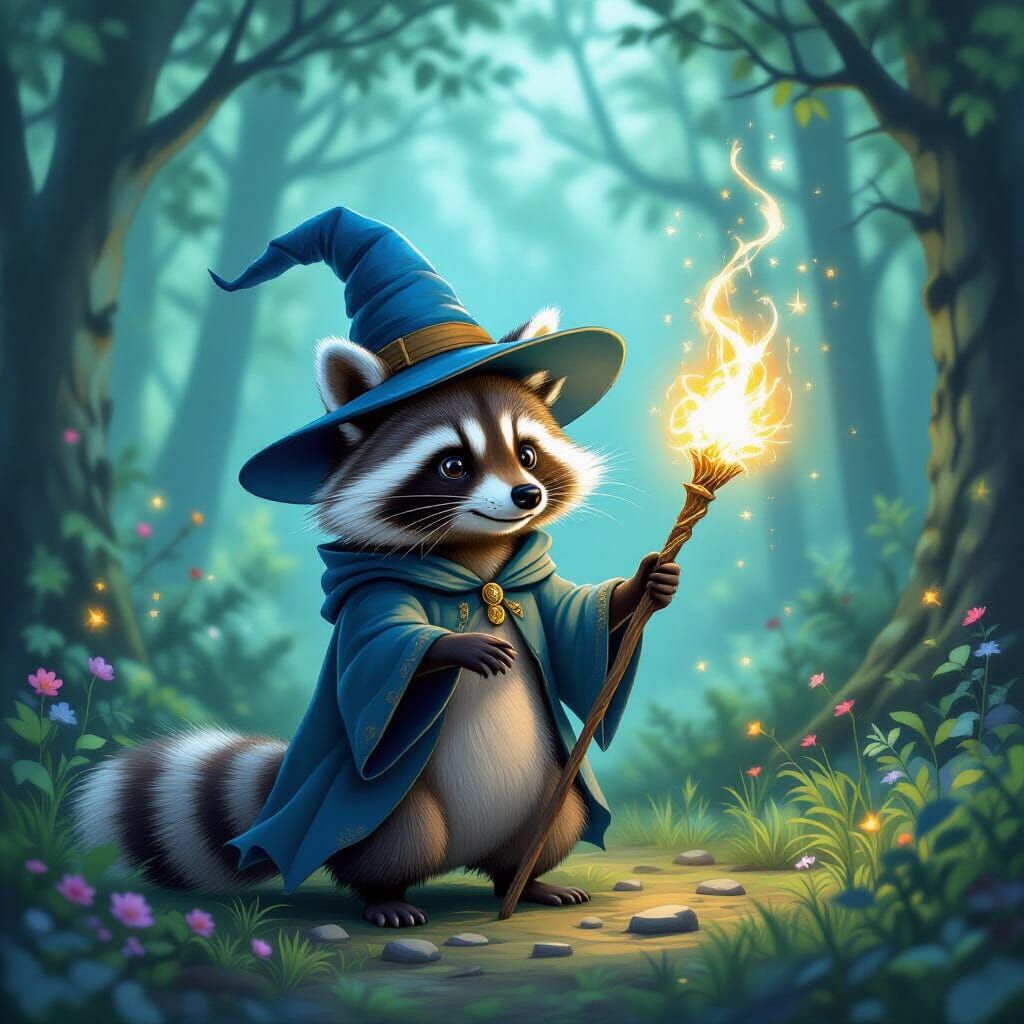 Whimsical Raccoon Wizard Casting Spell in Enchanted Forest