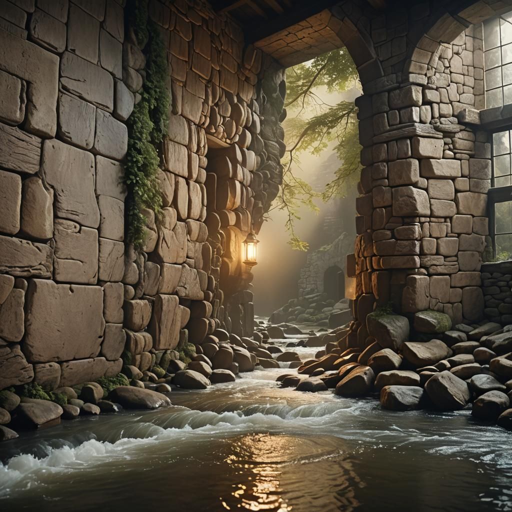 River Runs Through Interior Room, Digital Matte Painting