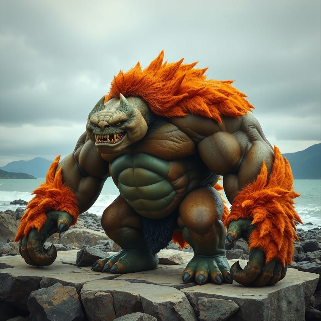 Epic Fantasy Beast with Vibrant Orange Mane and Muscular Phy...