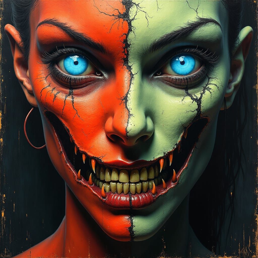 Demonic Face in Surreal Biomechanical Oil Painting