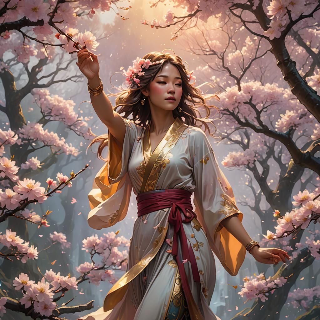 Cherry Blossoms in Golden Light: Art Nouveau Style