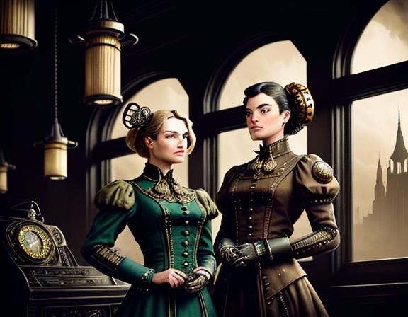 Steampunk Twins in Time Machine, Syd Mead Style