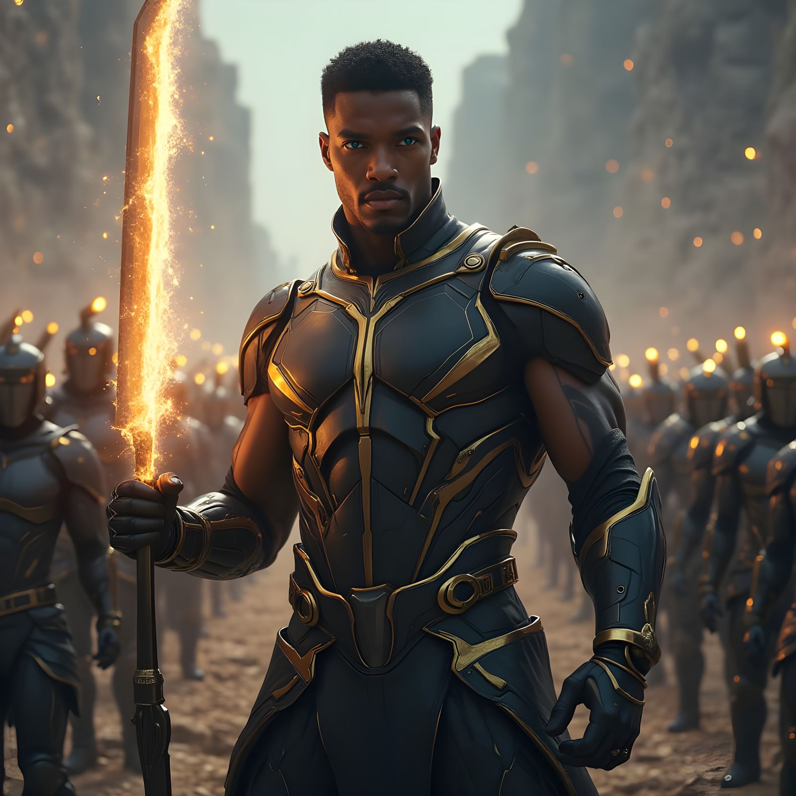 Heroic Cosmic God Battles Foes in Futuristic Armor