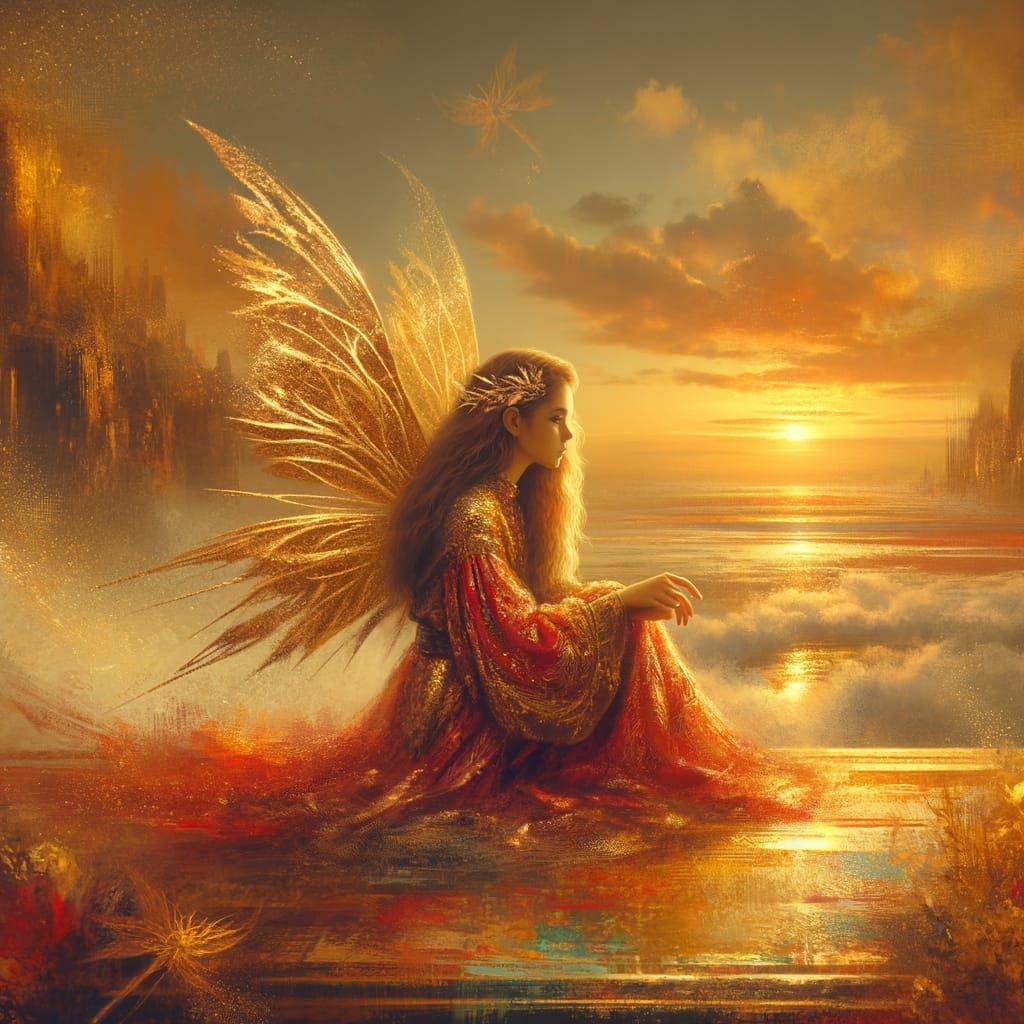 Fairy Princess on Swing in Golden Sunset, Matte Painting