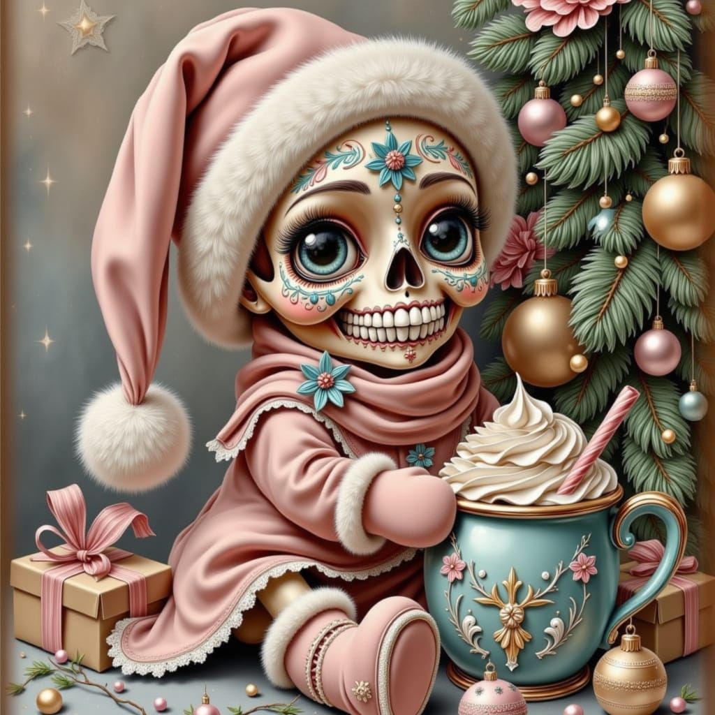 Adorable Sugar Skull Baby Skeleton by Christmas Tree