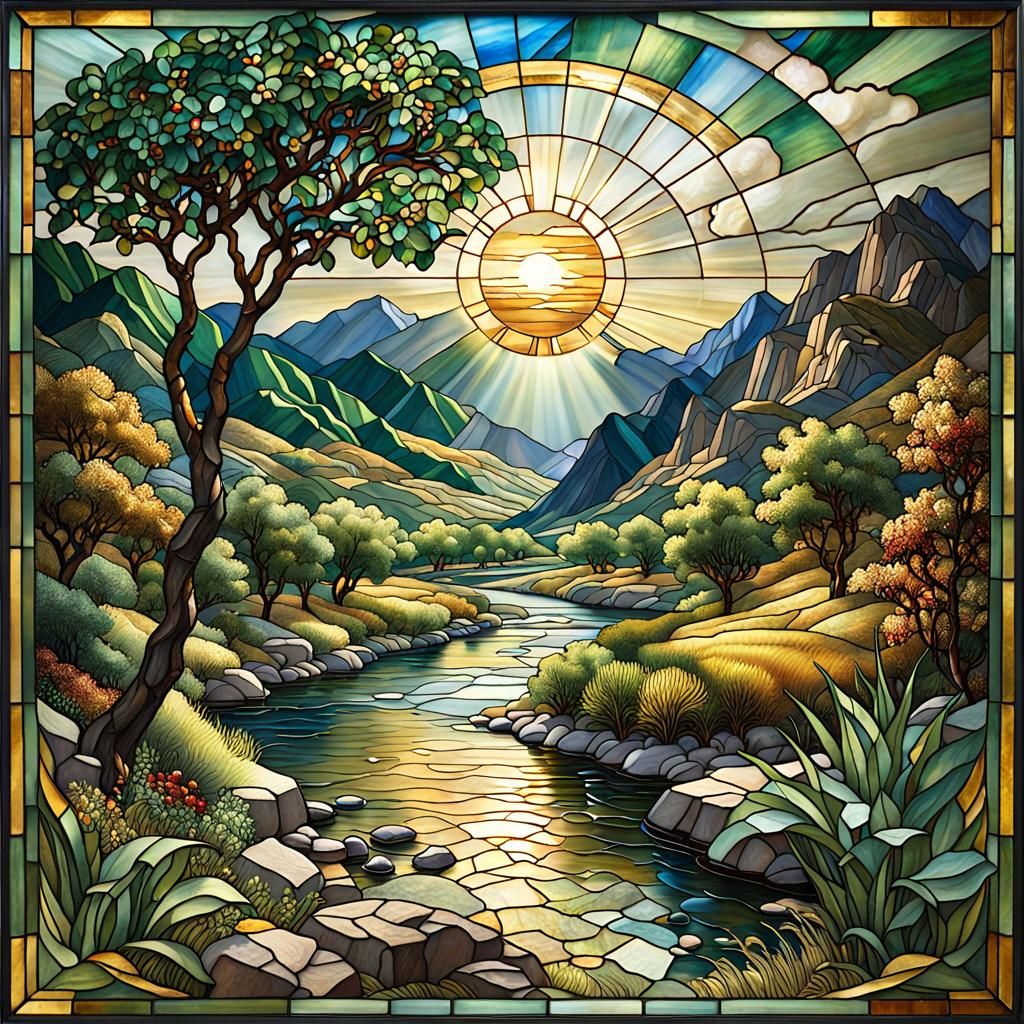 Art Deco Stained Glass Mountain River Valley