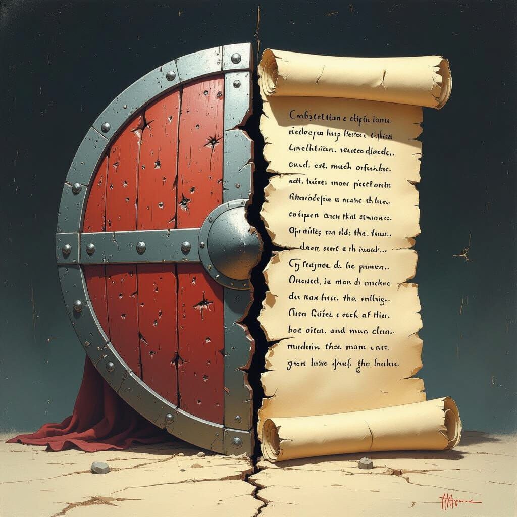 Divided Man with Shield and Script, Futuristic Style