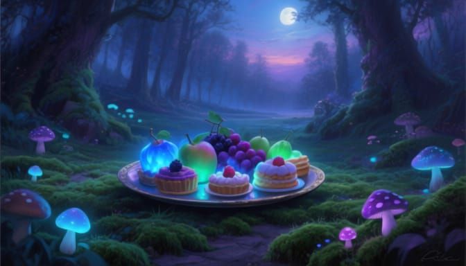 Magical Forest Clearing with Glowing Enchanted Food