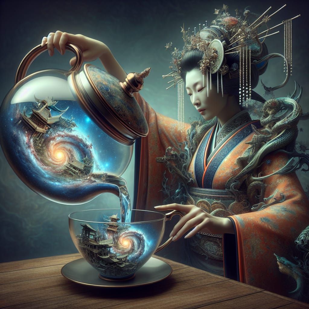 Geisha Pouring a Galaxy from Teapot