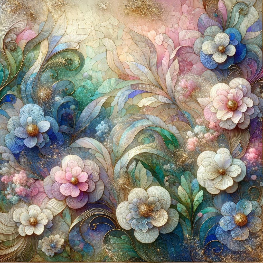 Ethereal Garden Scene in Pastel Hues with Gold Accents