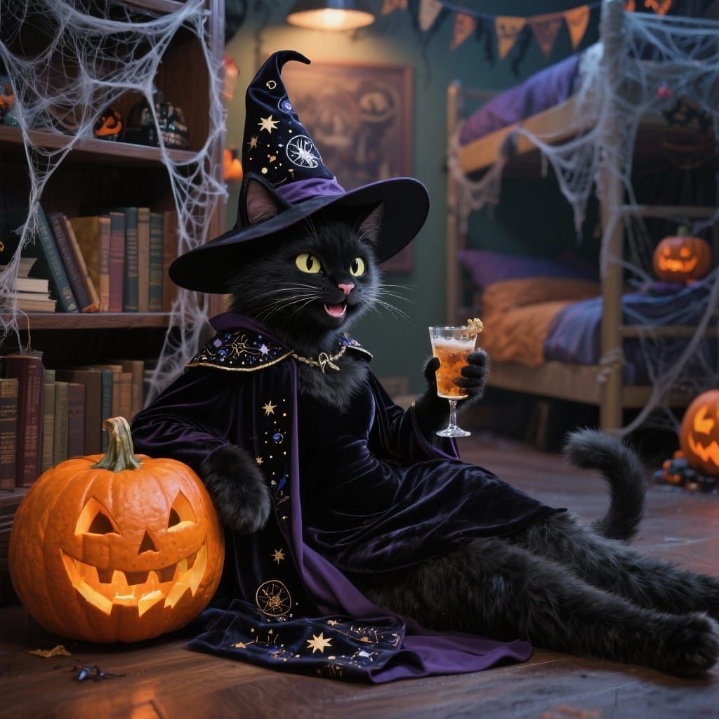 Anthropomorphic Witch Cat at Halloween Party