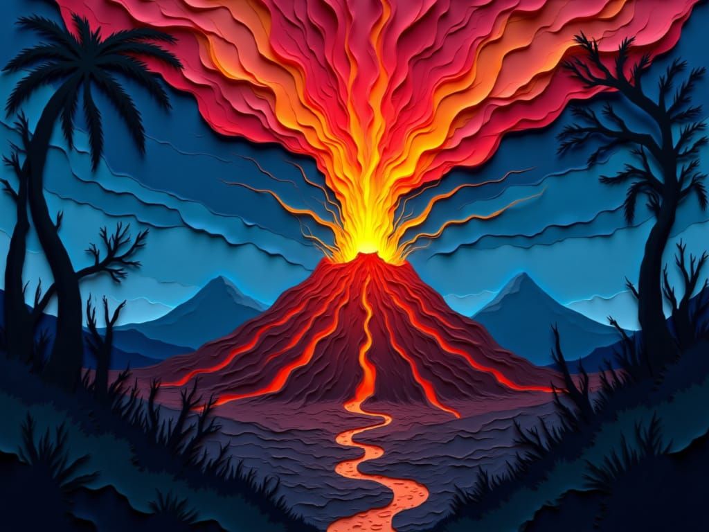 The Rage Of The Volcano At Night