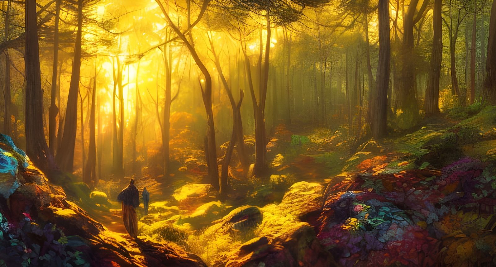 Sunshine Forest on Mountain in Expressionist Style