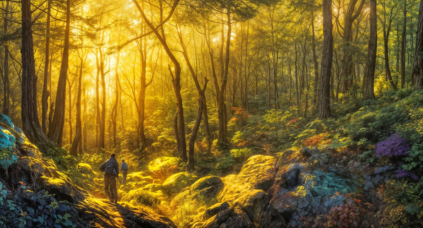 Vibrant Expressionist Forest Scene at Golden Hour