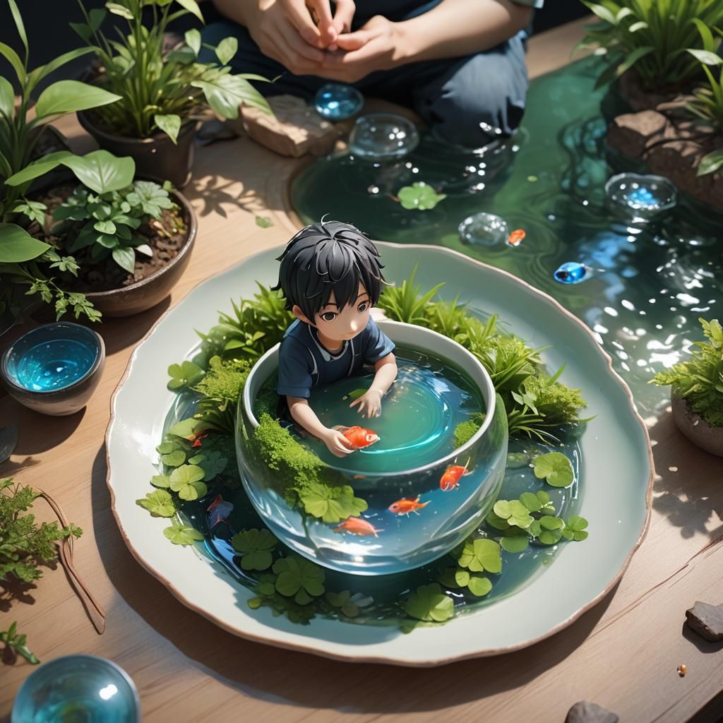Boy in Cup: 3D Anime River Landscape