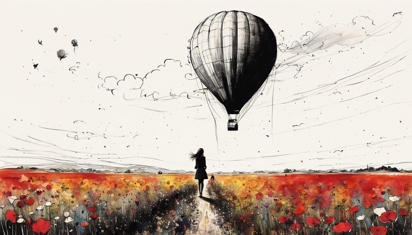 Girl Watching Balloon: Minimalist Surrealism