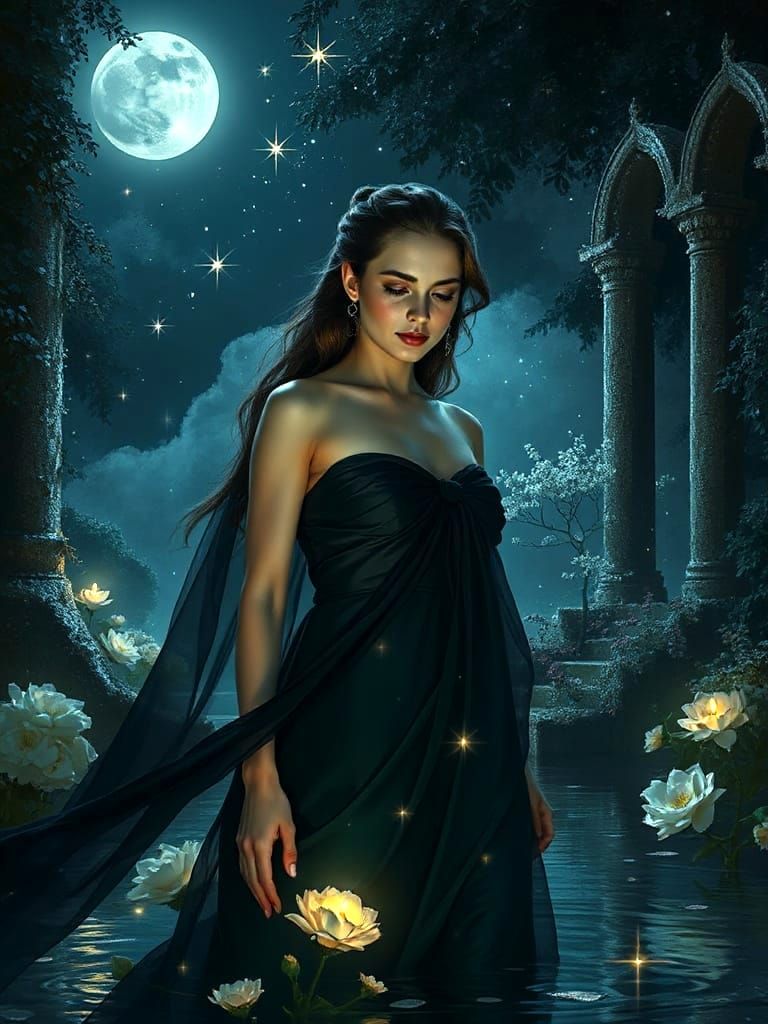 Moonlit Elegance: Woman in Starlit Garden