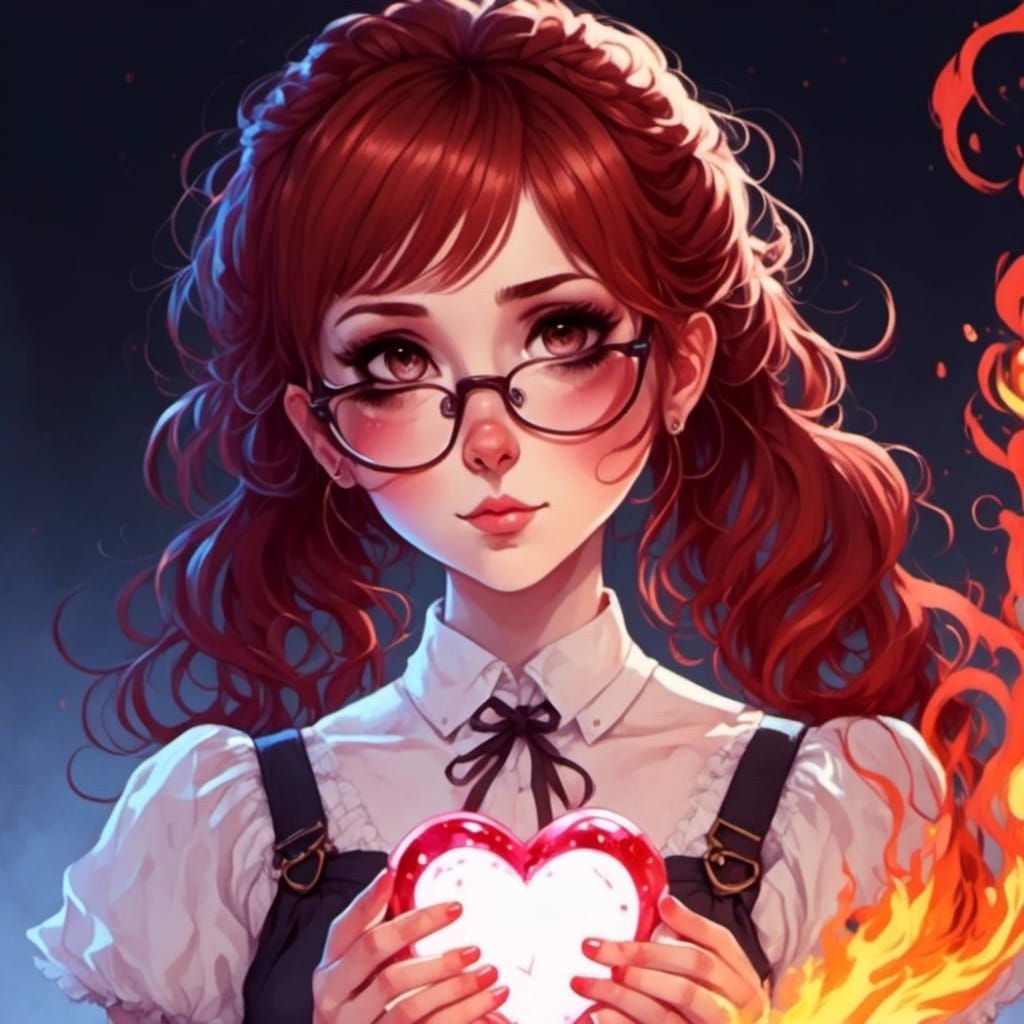 Kawaii Anime Girl Holding a Burning Heart