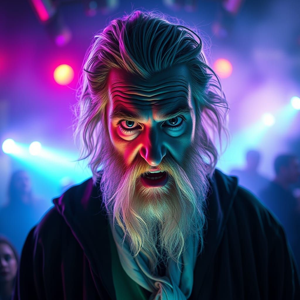 Magical Professor Unleashed at a Neon Rave