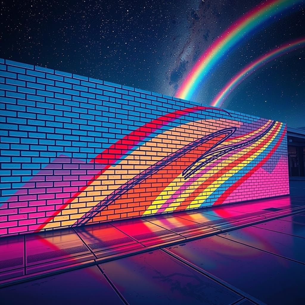 Rainbow Brick Wall Under Nebula Sky, Dreamy Photo