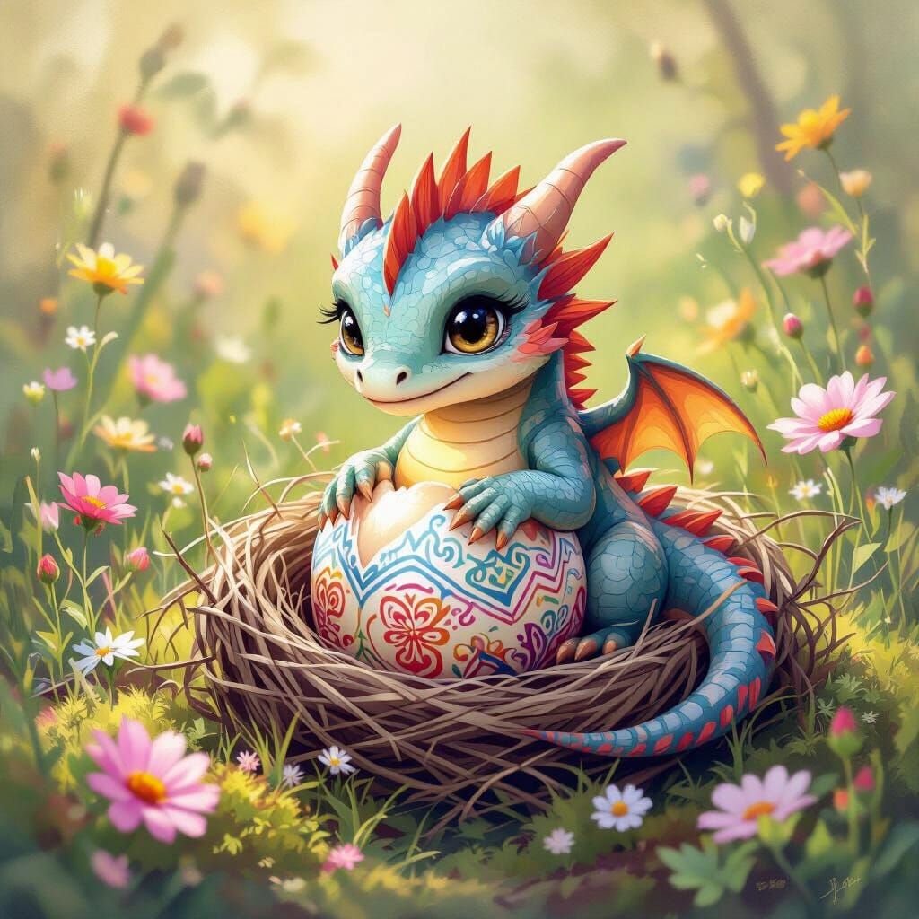 Baby Dragon Hatching in Impressionistic Style
