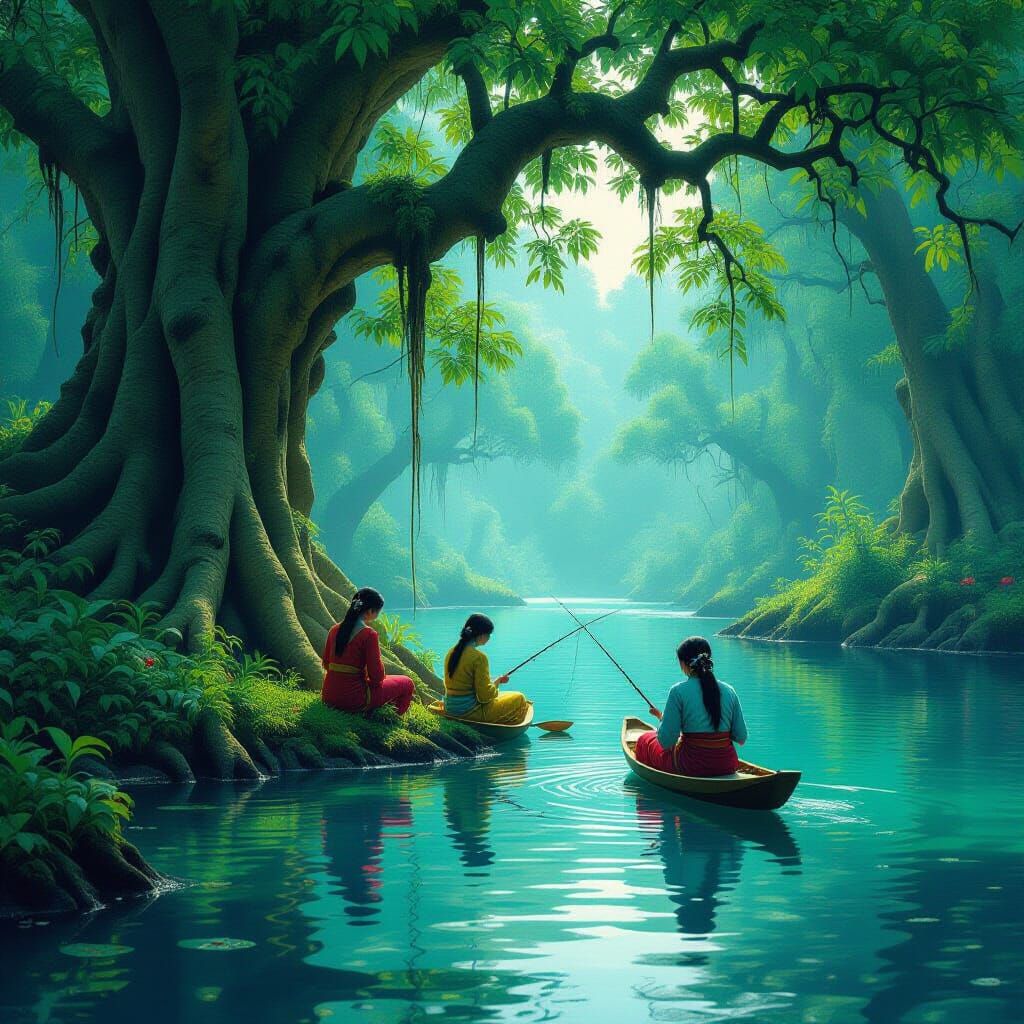 Village Women Fishing in Forest Lake