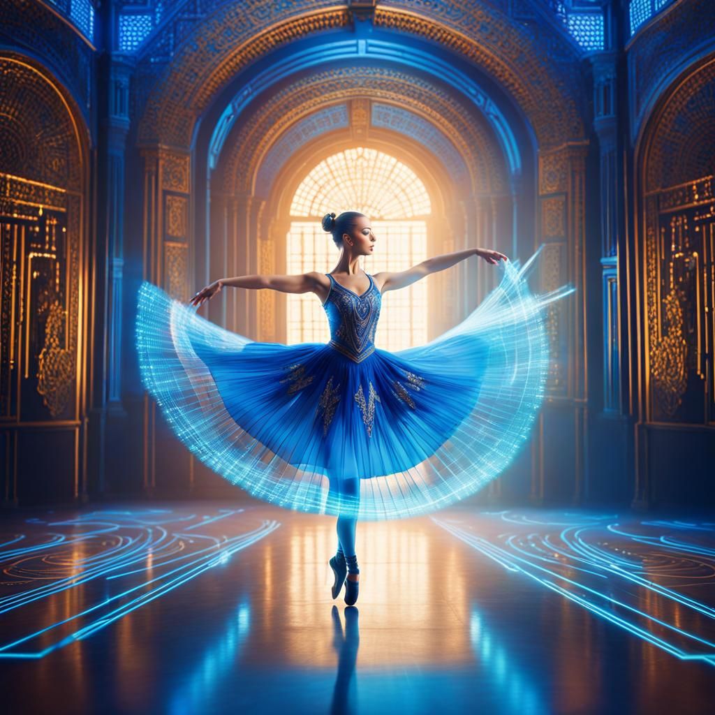 Ballet Dancer Twirling in Blue Laser Energy