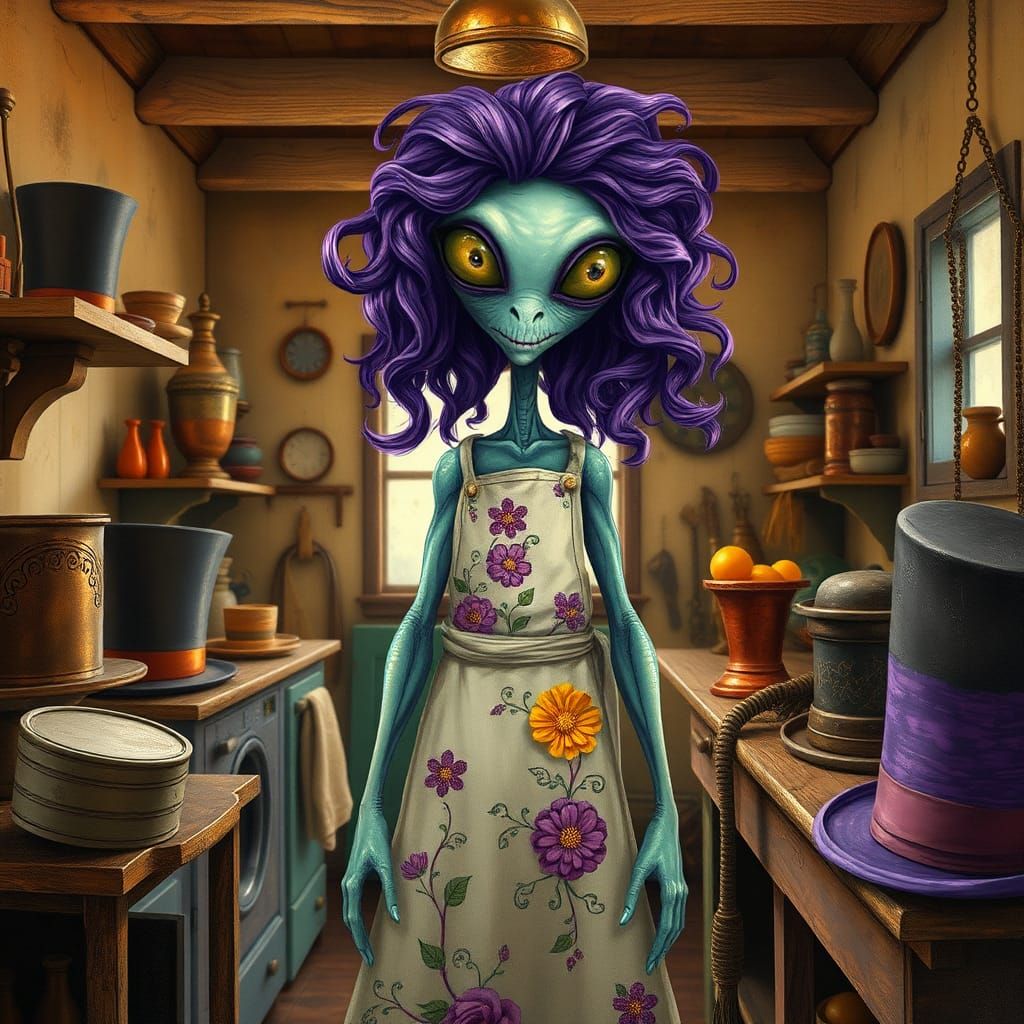 Dreamlike Alien Surrounded by Hats, in Abstract Style