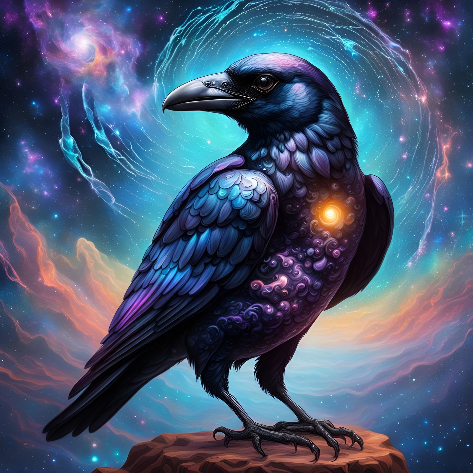 Glass Crow with Galaxy Swirls: Cosmic Illustration