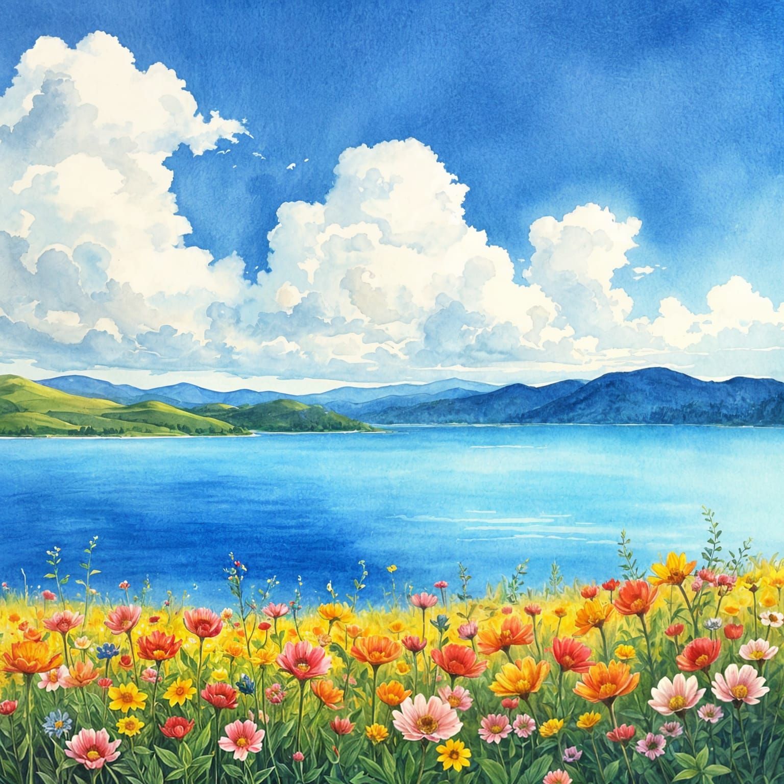 Watercolor Lake Scene with Flowers and Blue Sky