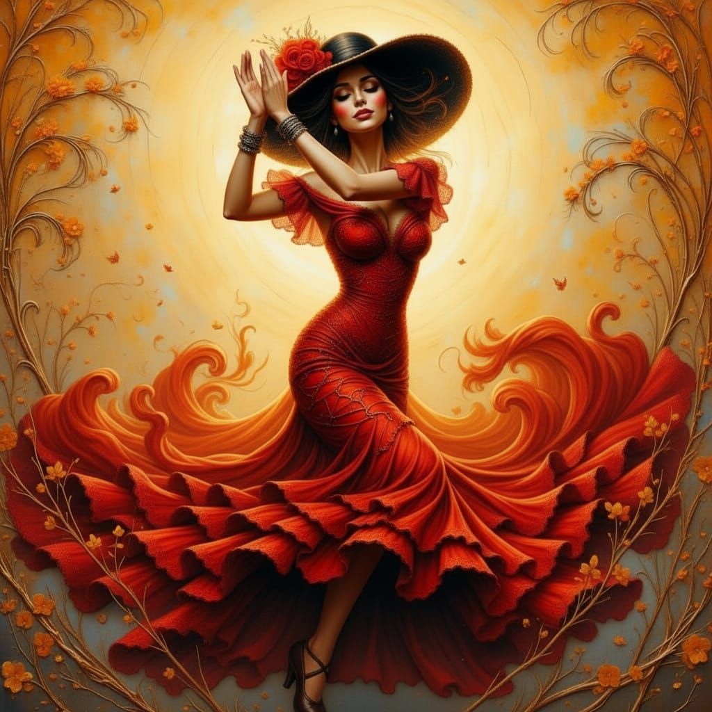 Flamenco Dancer in Crimson and Gold Attire