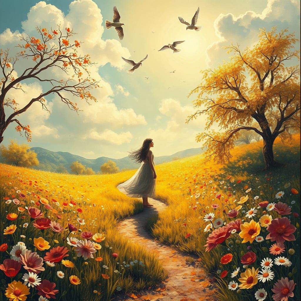 Whispers of a Mystical Realm in a Vibrant Floral Meadow