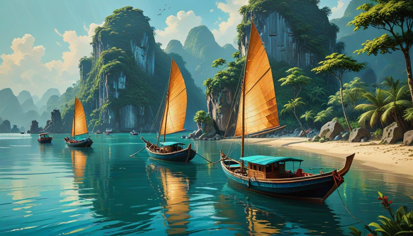 Andreas Rocha-Inspired Boats on Calm Vietnamese Waters