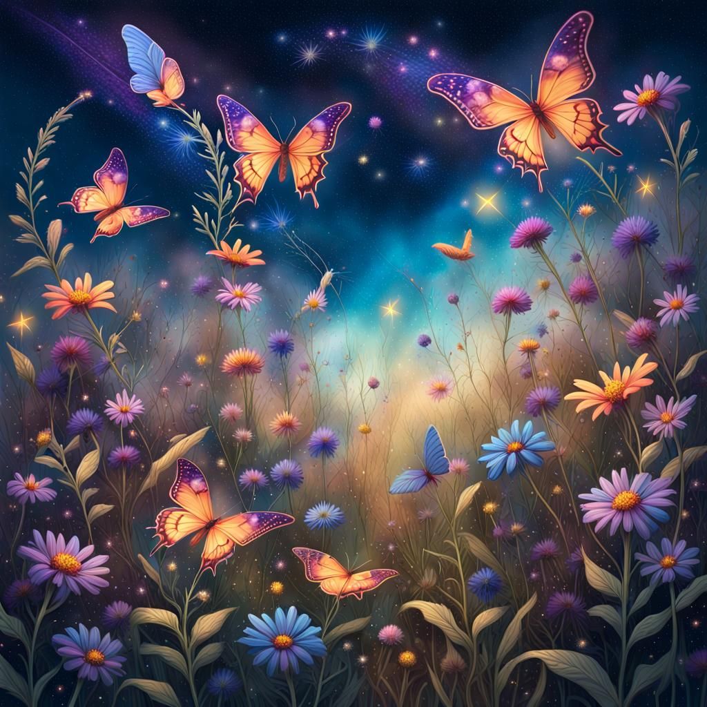 Astral Butterflies Dance in Starry Meadow