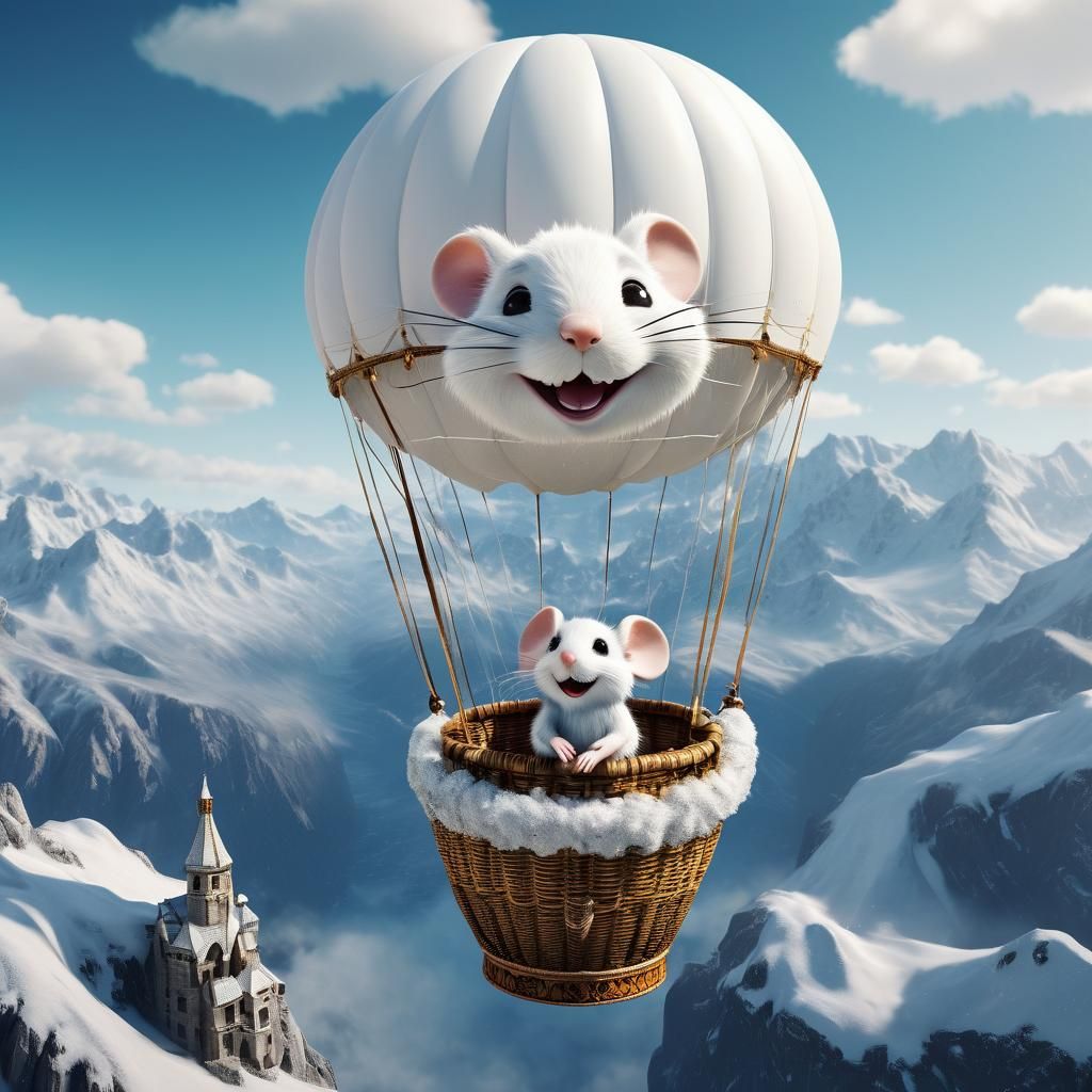 Mouse Smiles in Snowy Alps Hot Air Balloon