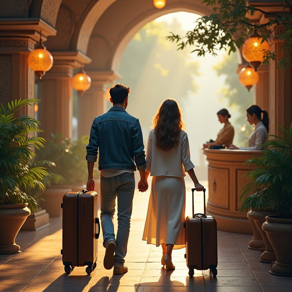 Couple Arrives at Ornate Fantasy Hotel, Matte Painting