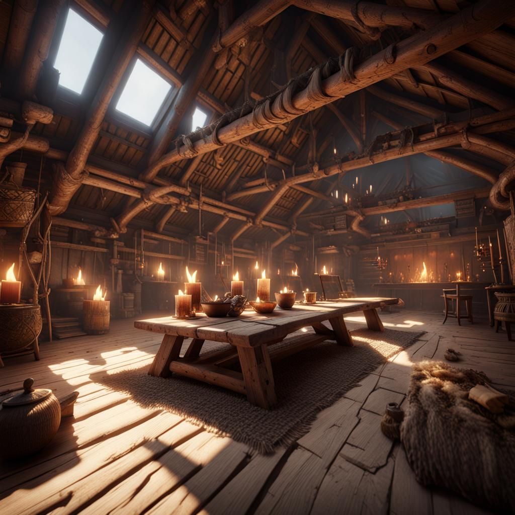 Viking Longhouse Interior in 3D Game Style