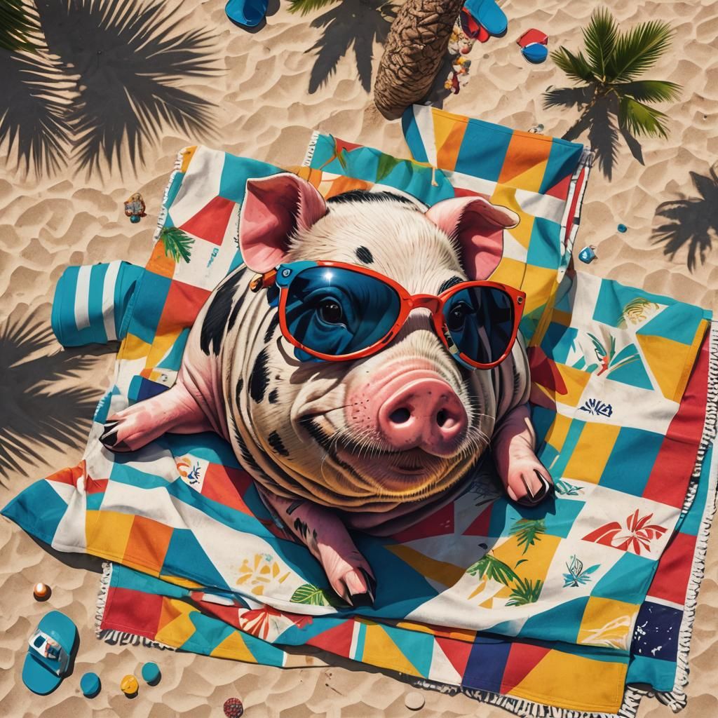 Pop Art Mini-Pig on Italian Beach with Sunglasses