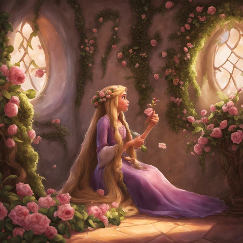 Rapunzel in Tower Room with Flower Tendrils