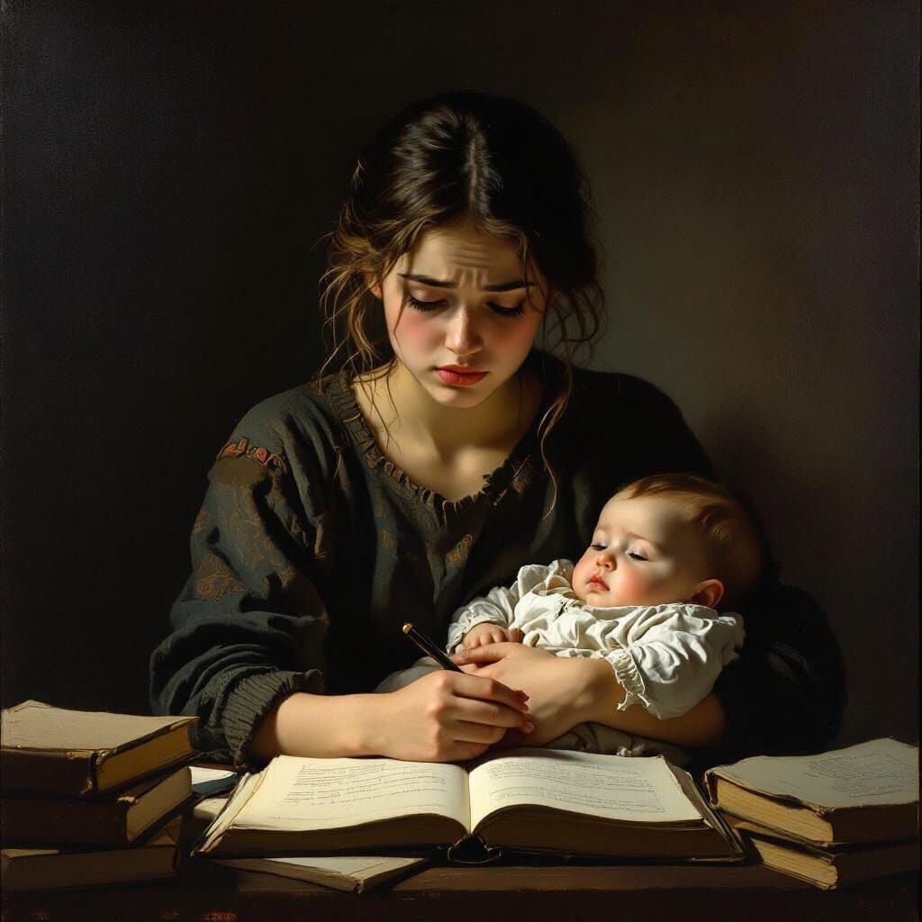 Young Mother Studies Worriedly with Baby, Realistic Oil Pain...