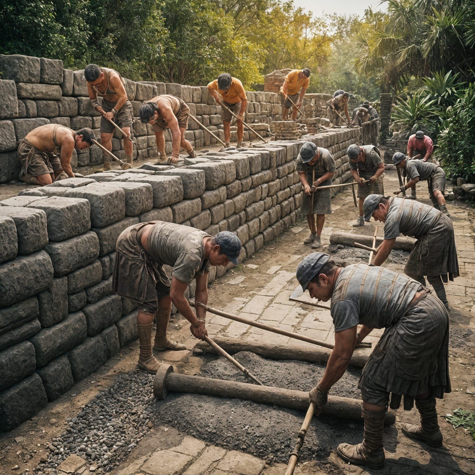 Aztec Workers Constructing a Stone Road