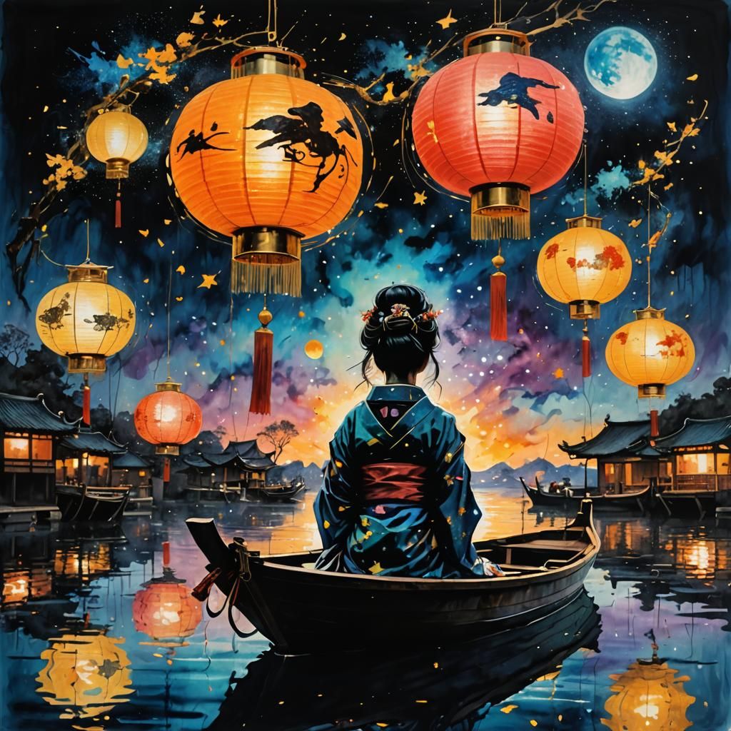 Geisha Silhouette at Lantern Festival in Anime Style