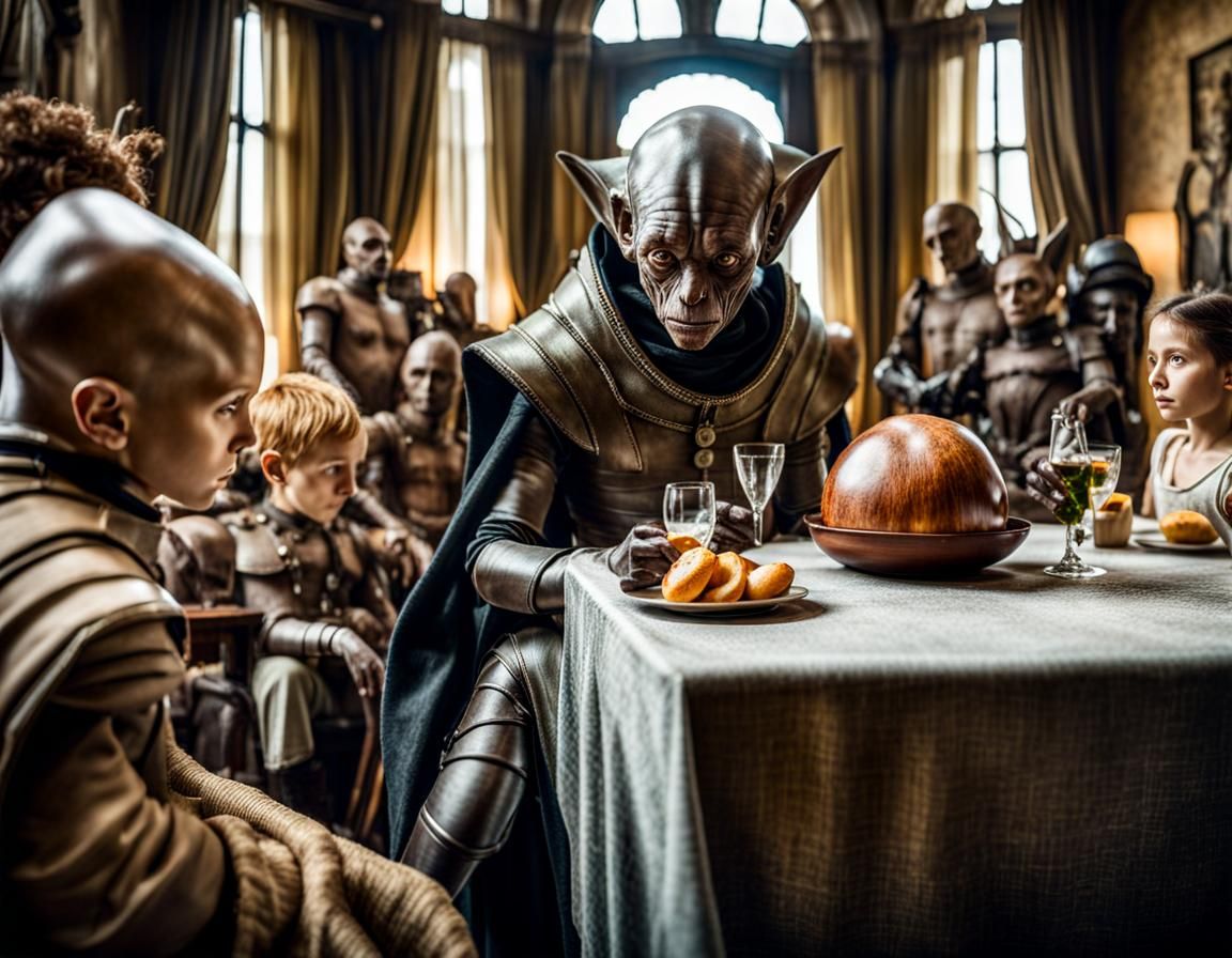 Surreal Restaurant Scene with Exotic Aliens, Digital Paintin...