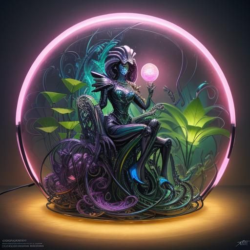 Retro-Futuristic Neon Lotus Lamp in Art Deco Style