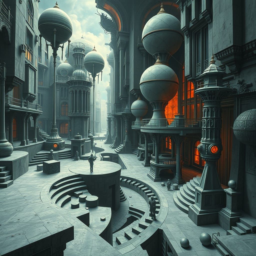 Mind-Bending Surrealist Scene in Escher-Inspired Style