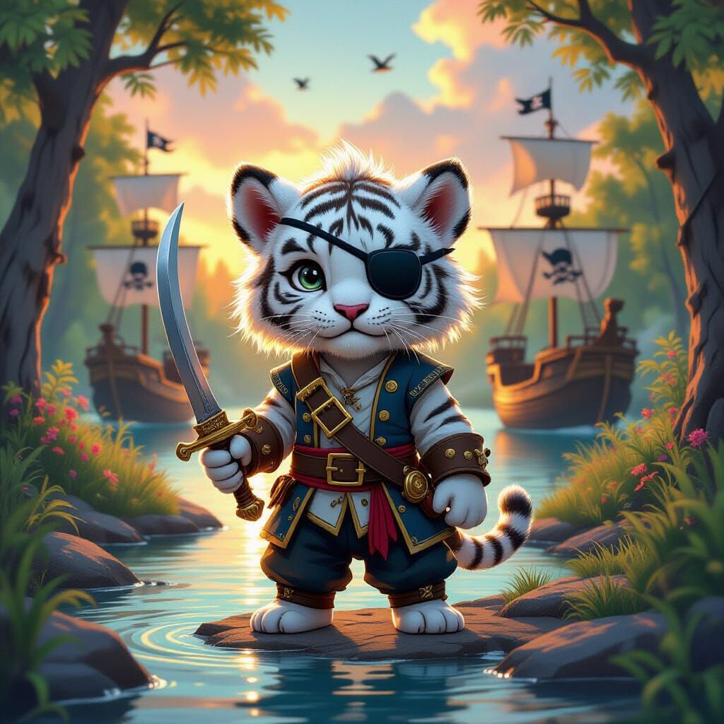 White Tiger Pirate Cub in Hyperrealistic Forest Scene