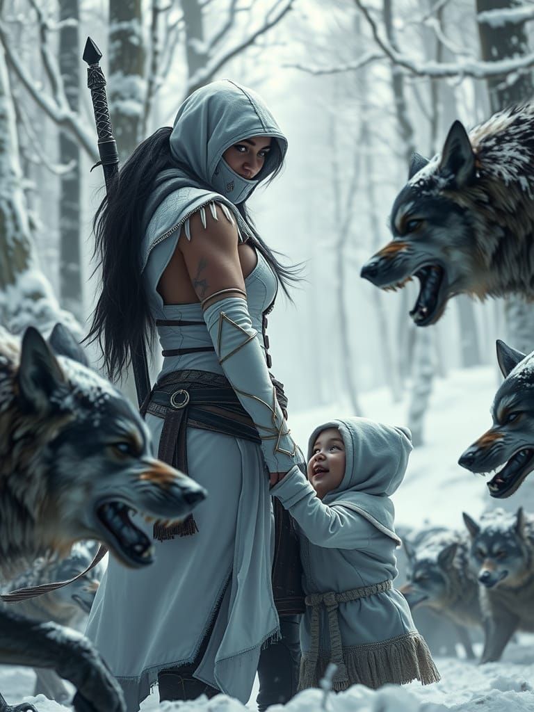 Warrior Woman Defends Girl From Wolves in Winter Forest