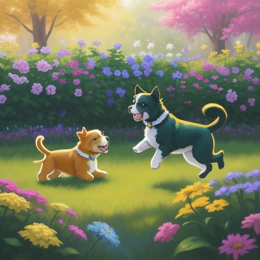 Two Playful Puppies in a Sunlit Garden Oil Painting